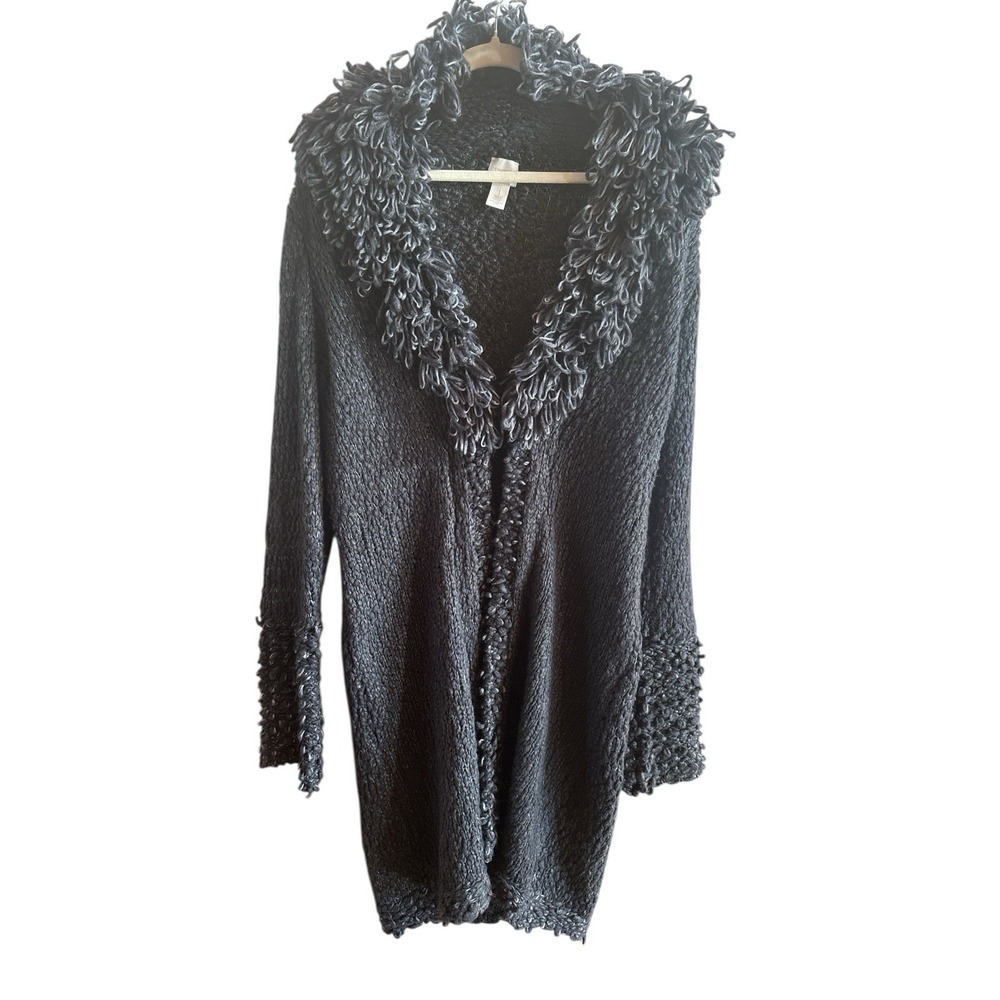 Chico's Sz 1 (Sz 8) Grey Drama Fringe Woman's Wool Blend Longline Cardigan